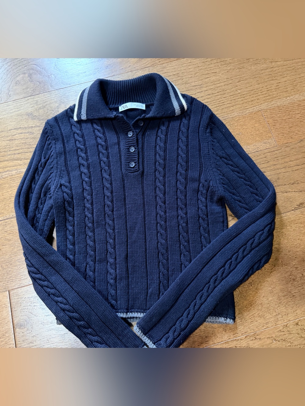 Zara Navy Cable Knit Polo Sweater